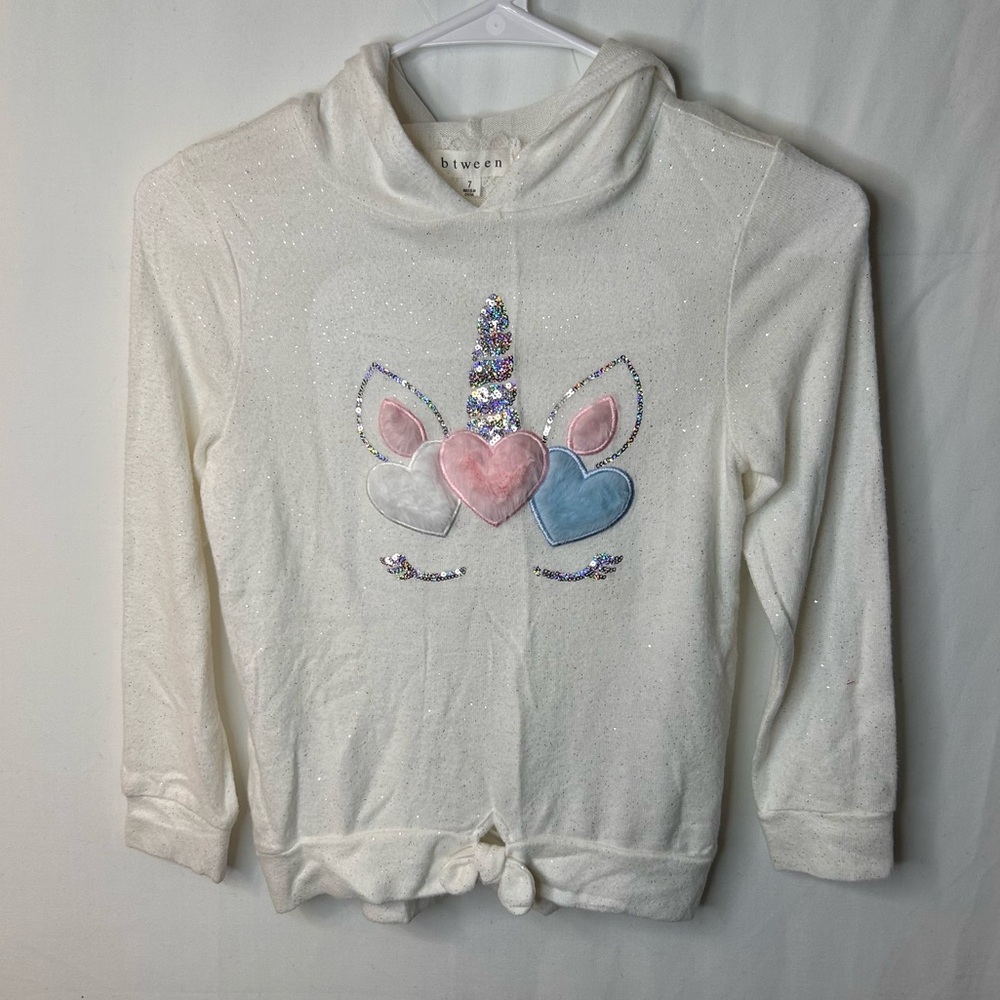 BtweenGirl’s White and Pink Unicorn Hoodie Sweatshirt Youth glitter sequins SZ 7